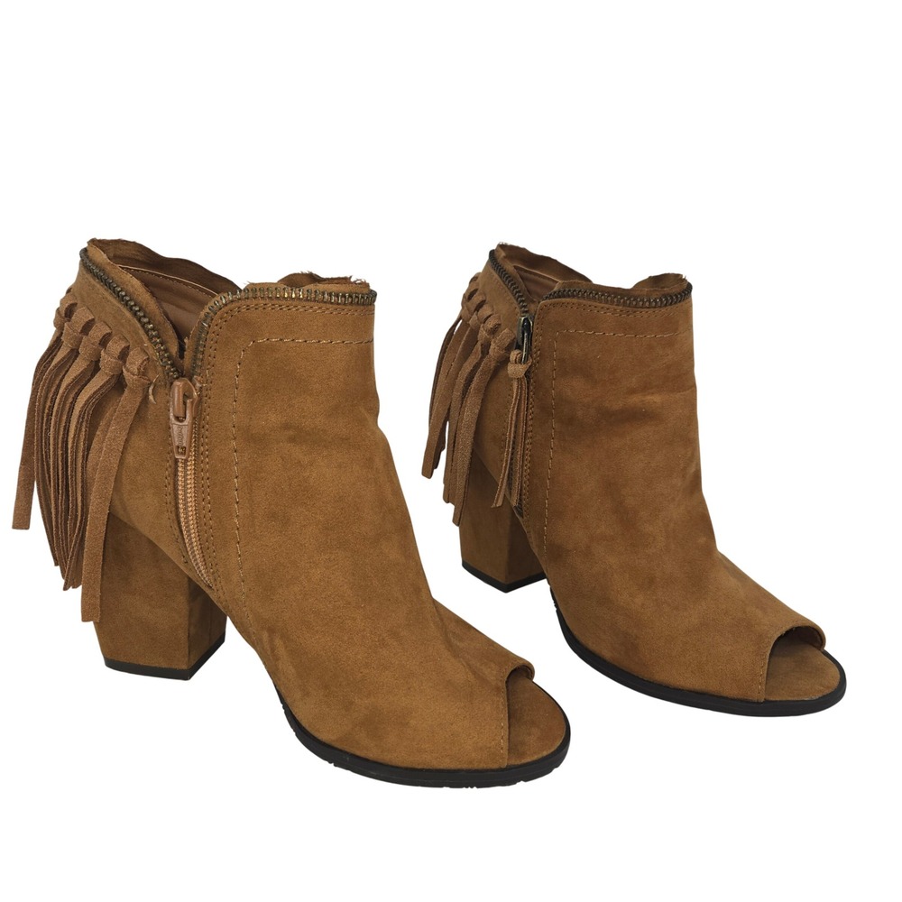 DV Dolce Vita Ankle Boots Promise Womens 7 Brown Faux Suede Fringe Peep Toe Heel